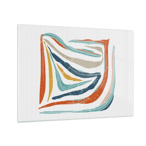 Obraz na skle - Farebné pruhy vytvárajú dynamickú abstrakciu na bielom pozadí - 70x50cm - Priateľsky usmievavá abstrakcia - Moderná nástenná dekorácia do obývacej izby a spálne ARTTOR