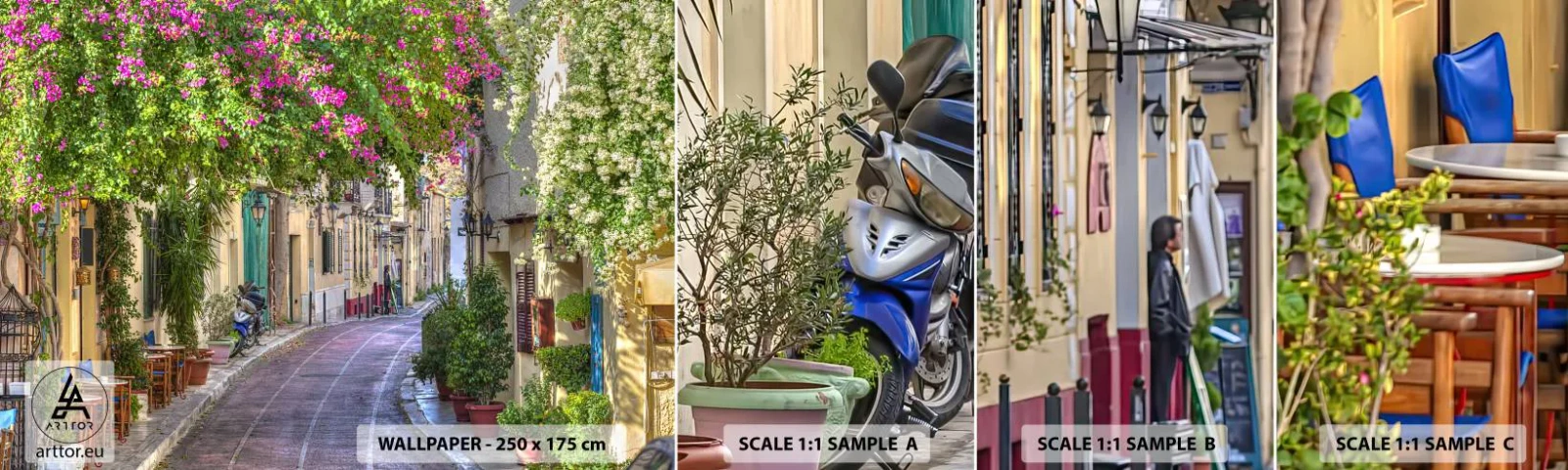 Vzorka samolepiacej fototapety Deluxe Sticker - Kvitnúce zákutie - Architektúra, Grécko, Mesto - 100x30 cm