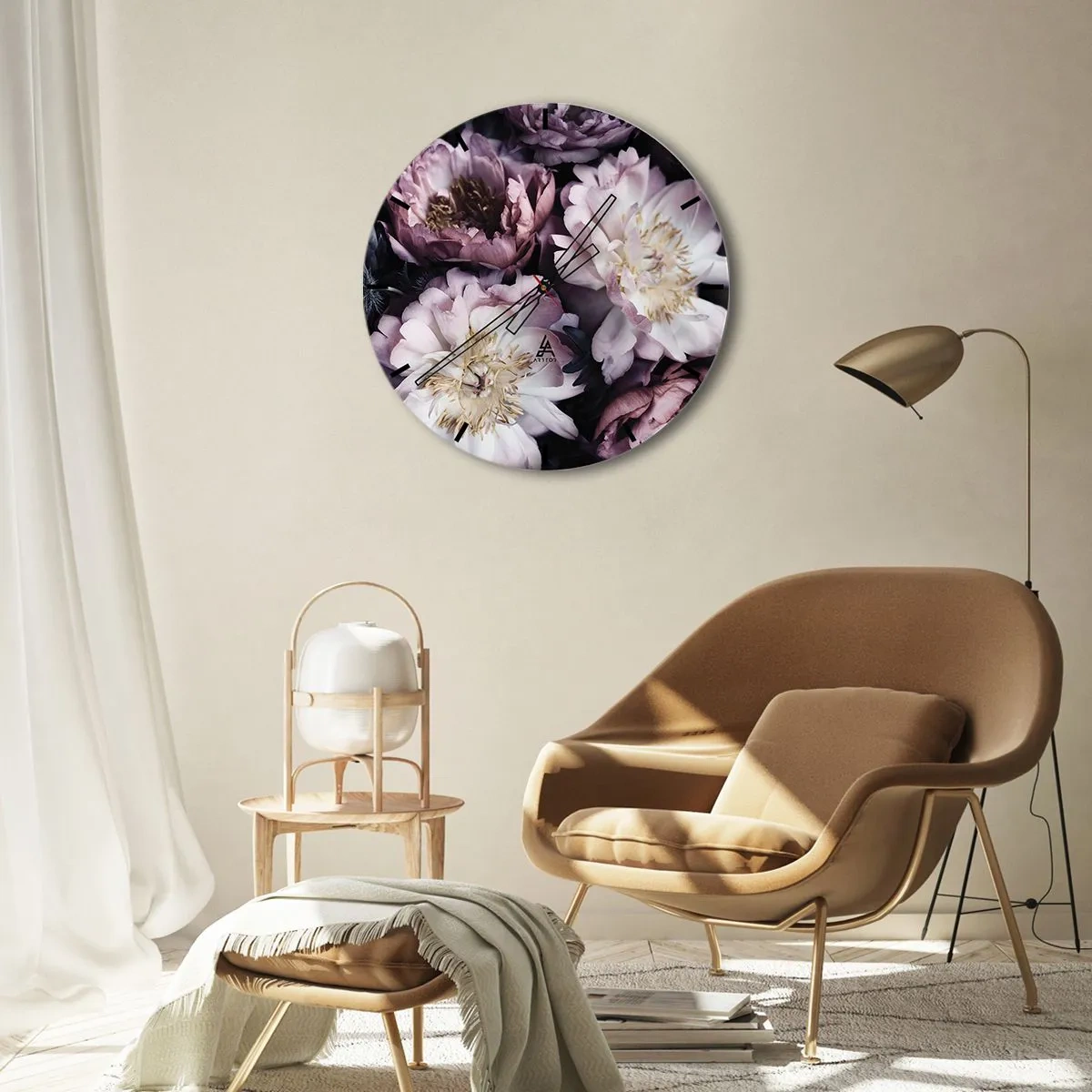 Nástenné hodiny - Ružové a krémové pivonky v hustom, tieňovanom aranžmáne - 30x30cm - Kytica v starom štýle - Moderná nástenná dekorácia do obývacej izby, kuchyne a spálne ARTTOR