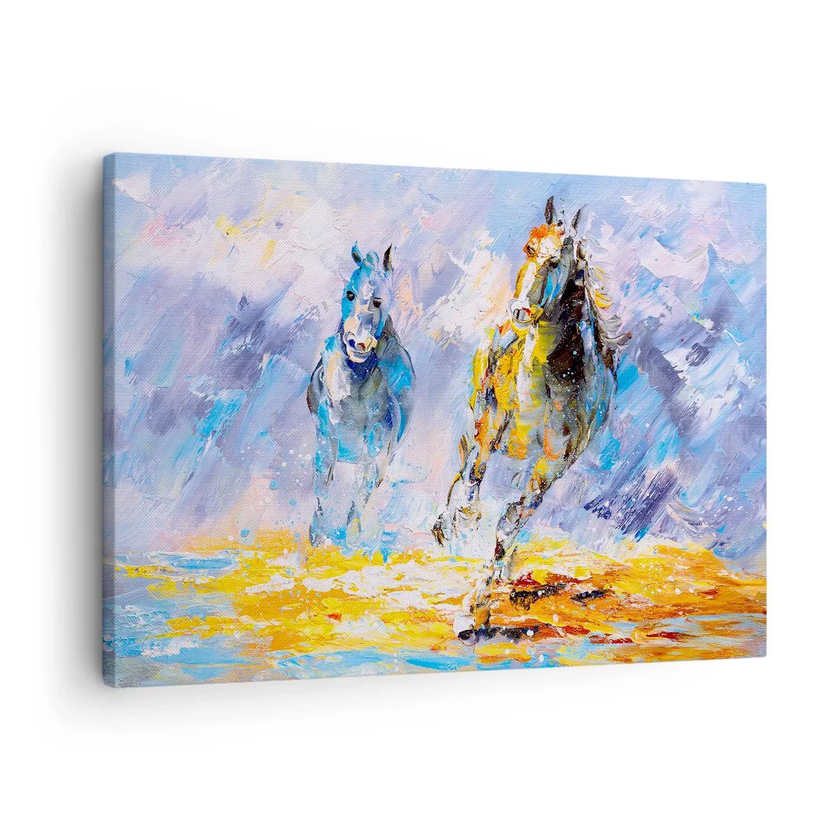 Obraz na plátne - Dva kone v pohybe na pozadí abstraktnej krajiny - 70x50cm - Cvalom cez žiaru - Moderná nástenná dekorácia do obývacej izby a spálne ARTTOR