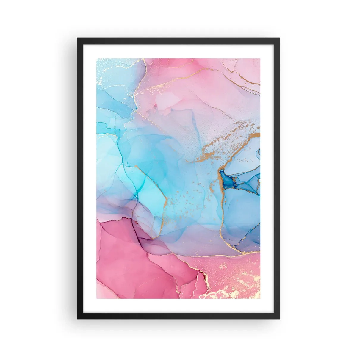 Plagát v čiernom ráme - Abstraktné škvrny v odtieňoch ružovej, modrej a zlatej - 50x70cm - Stretávanie a prelínanie - Moderná nástenná dekorácia do obývacej izby a spálne ARTTOR