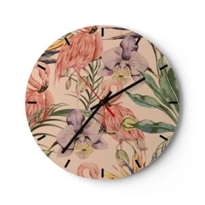Nástenné hodiny - Plameniaky a kvety na béžovom pozadí - 30x30cm - Ružový balet v kvetoch - Moderná nástenná dekorácia do obývacej izby, kuchyne a spálne ARTTOR