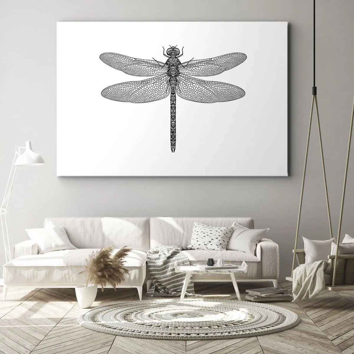 Obraz na plátne - Čiernobiela kresba vážky na bielom pozadí v minimalistickom štýle - 70x50cm - Presnosť prírody - Moderná nástenná dekorácia do obývacej izby a spálne ARTTOR