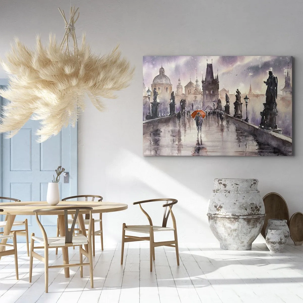 Obraz na plátne - Romantický výhľad na most s dáždnikom na pozadí večerného mesta - 70x50cm - Ľudia sa nemenia - Moderná nástenná dekorácia do obývacej izby a spálne ARTTOR