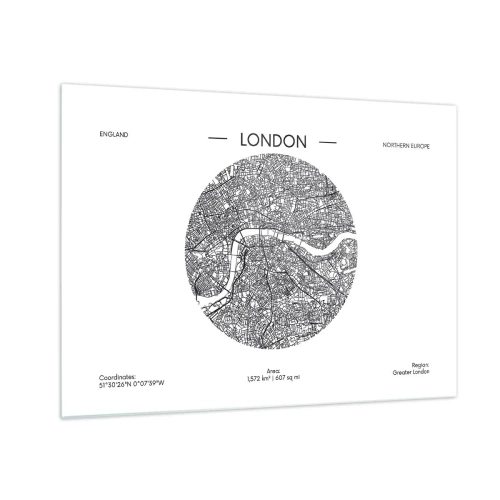 Obraz na skle - Podrobná mapa Londýna v grafickom čiernobielom štýle. - 70x50cm - Anatómia Londýna - Moderná nástenná dekorácia do obývacej izby a spálne ARTTOR