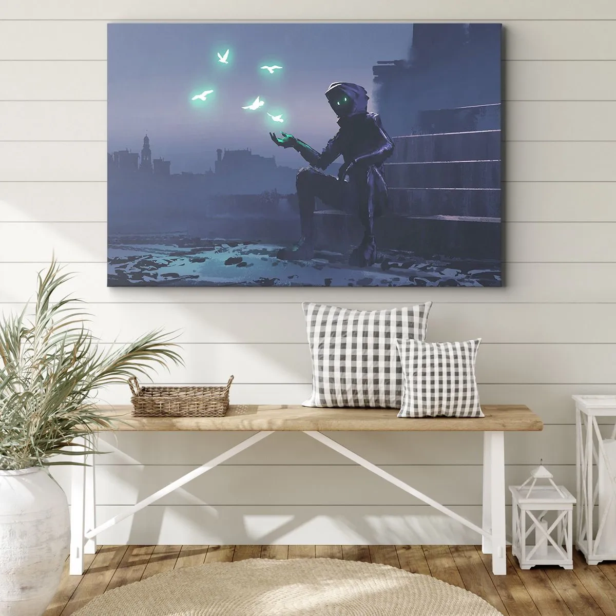 Obraz na plátne - Postava s kapucňou a magickými vtákmi na pozadí mesta - 70x50cm - Život sa vráti - Moderná nástenná dekorácia do obývacej izby a spálne ARTTOR
