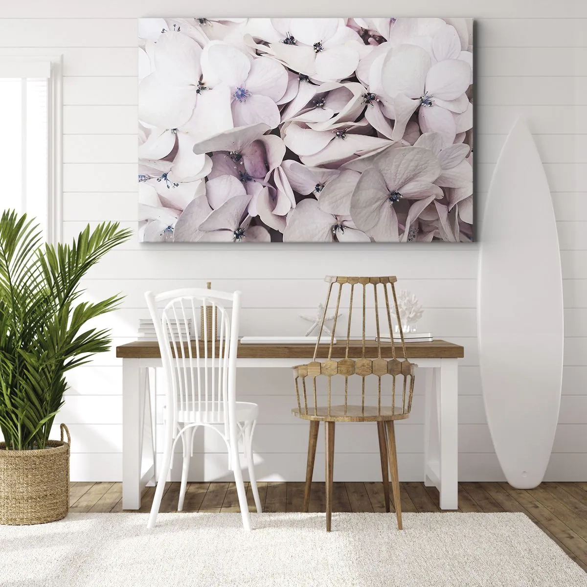 Obraz na plátne - Jemné biele hortenzie v pastelových odtieňoch - 70x50cm - V záplave kvetov - Moderná nástenná dekorácia do obývacej izby a spálne ARTTOR