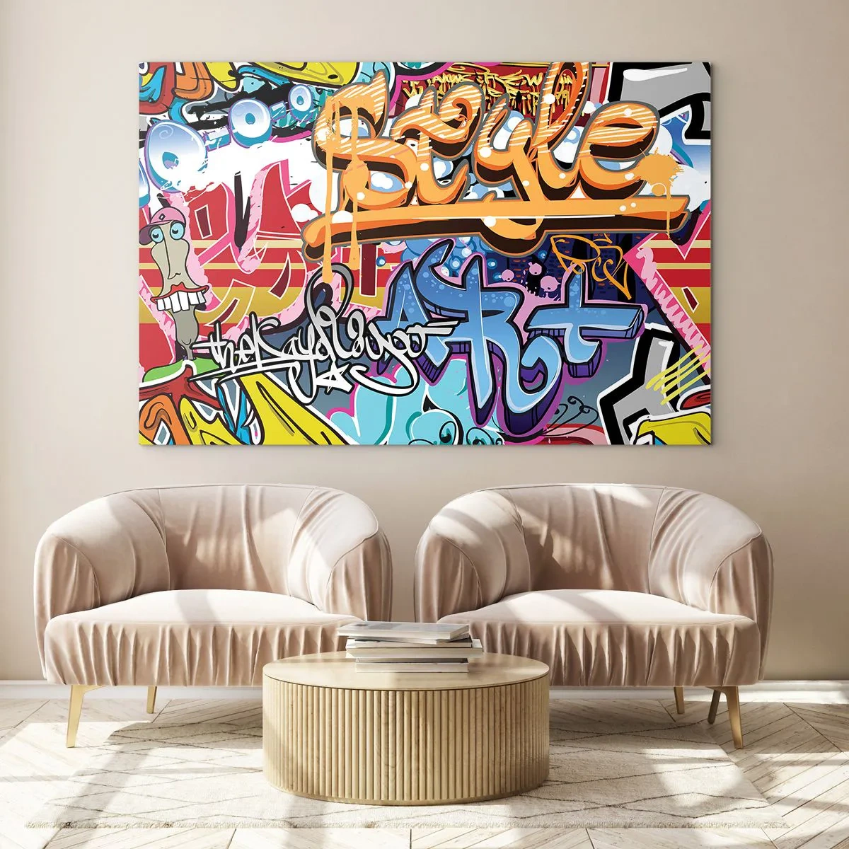 Obraz na skle - Farebné graffiti s dynamickými nápismi a kresbami - 70x50cm - Nástenné maľby, nástenné maľby… - Moderná nástenná dekorácia do obývacej izby a spálne ARTTOR