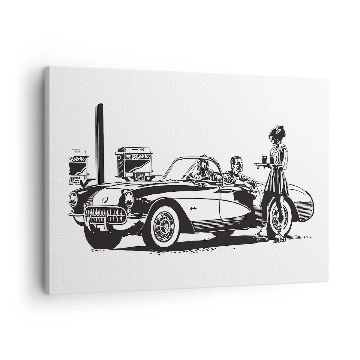 Obraz na plátne - Čiernobiela retro scéna s autom a čašníčkou na kolieskových korčuliach. - 70x50cm - 60. - bezstarostná Amerika - Moderná nástenná dekorácia do obývacej izby a spálne ARTTOR