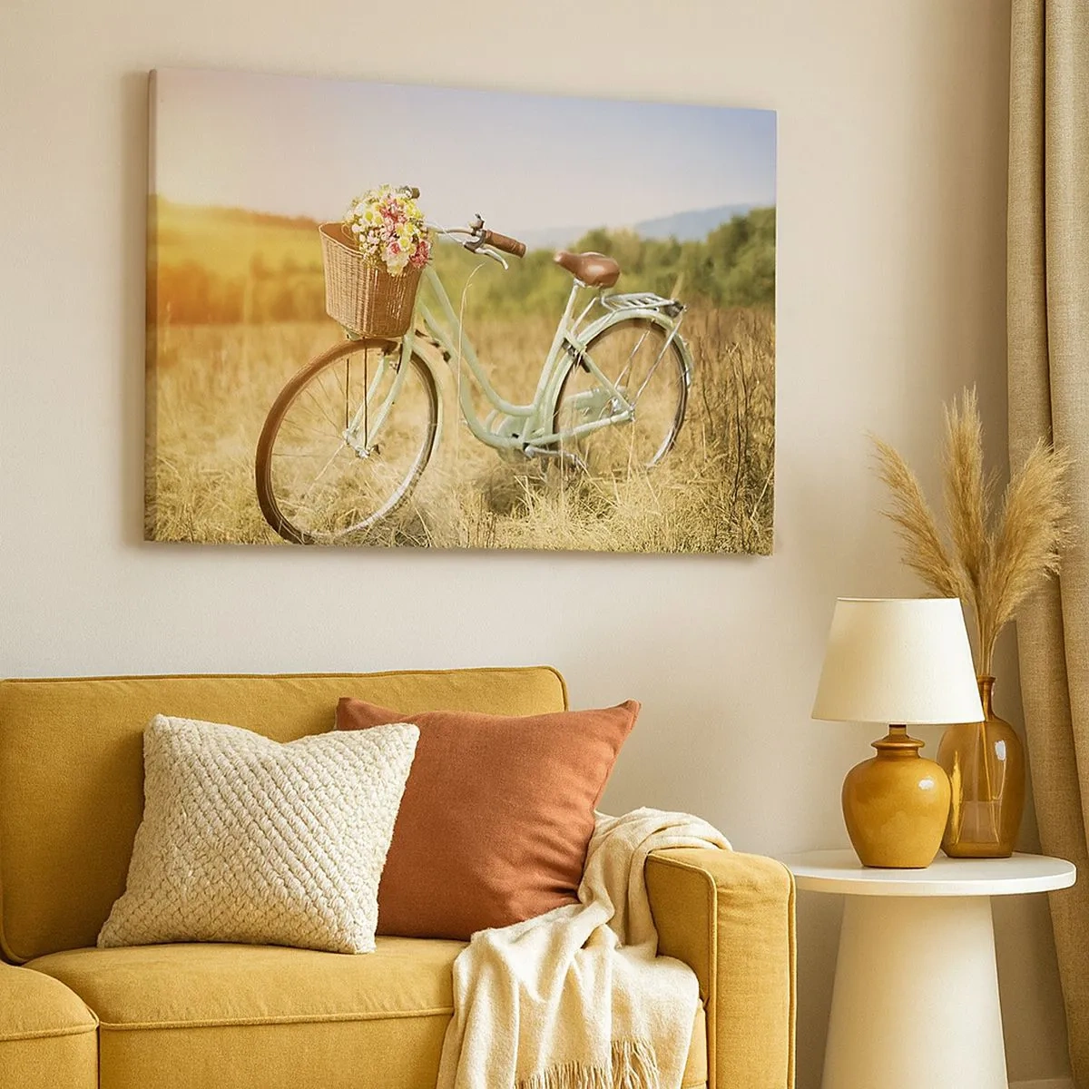 Obraz na plátne - Retro bicykel s košíkom plným kvetov na pozadí lúky. - 70x50cm - Chvíľu tu zostanem - Moderná nástenná dekorácia do obývacej izby a spálne ARTTOR
