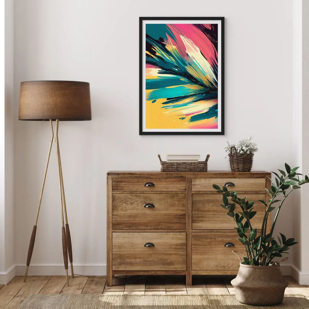 Plagát v čiernom ráme - Abstraktná explózia farieb v dynamickom aranžmáne - 50x70cm - Kompozícia – explózia radosti - Moderná nástenná dekorácia do obývacej izby a spálne ARTTOR