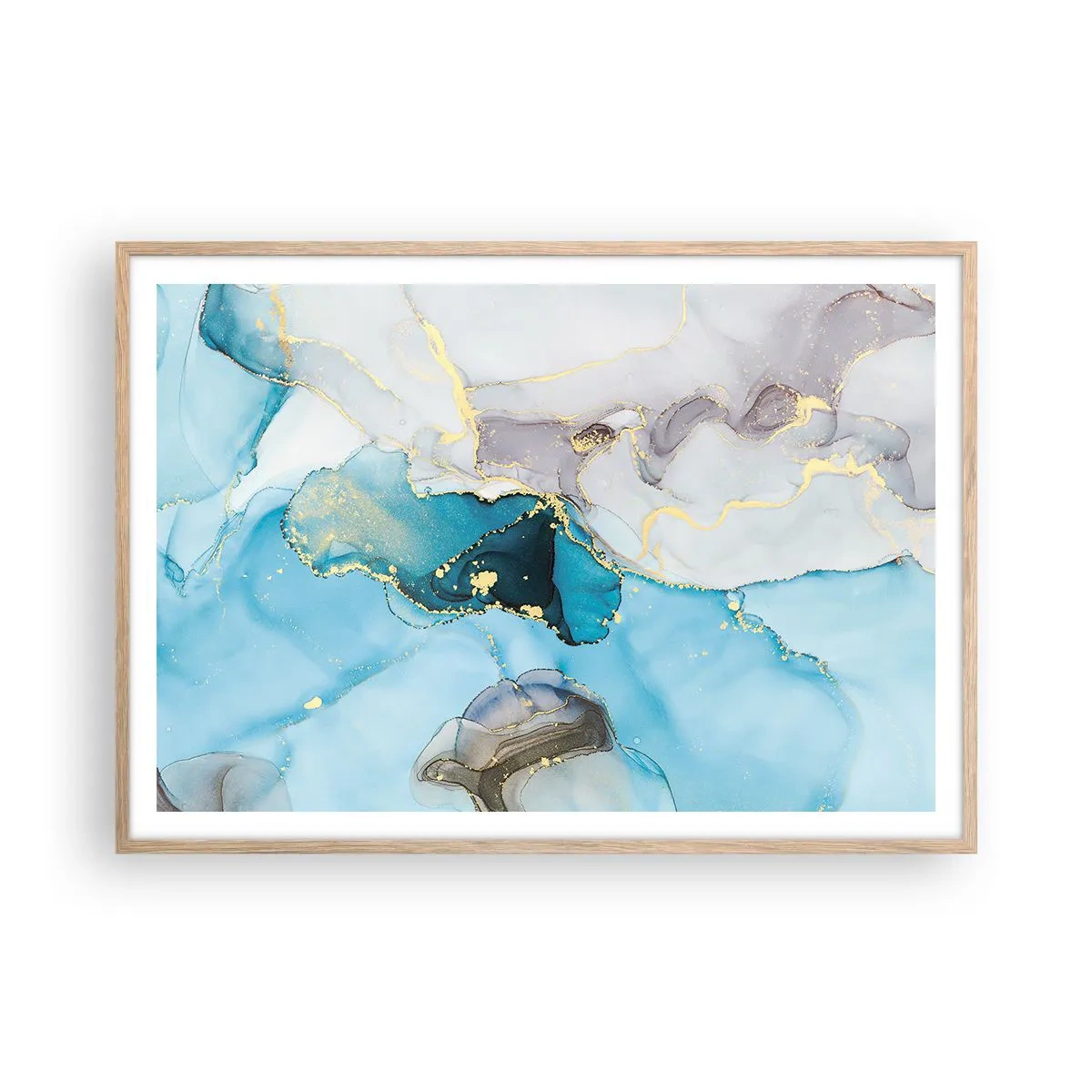 Plagát v ráme zo svetlého duba - Štúdia o stretnutí šedej a tyrkysovej - 100x70 cm