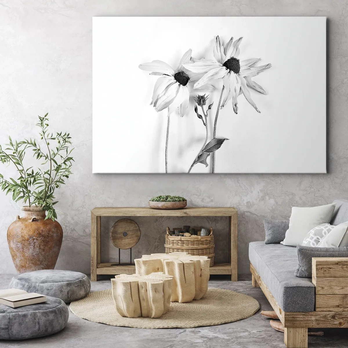 Obraz na plátne - Čiernobiele kvety s jemnou kompozíciou - 70x50cm - Nikto nechce byť sám - Moderná nástenná dekorácia do obývacej izby a spálne ARTTOR