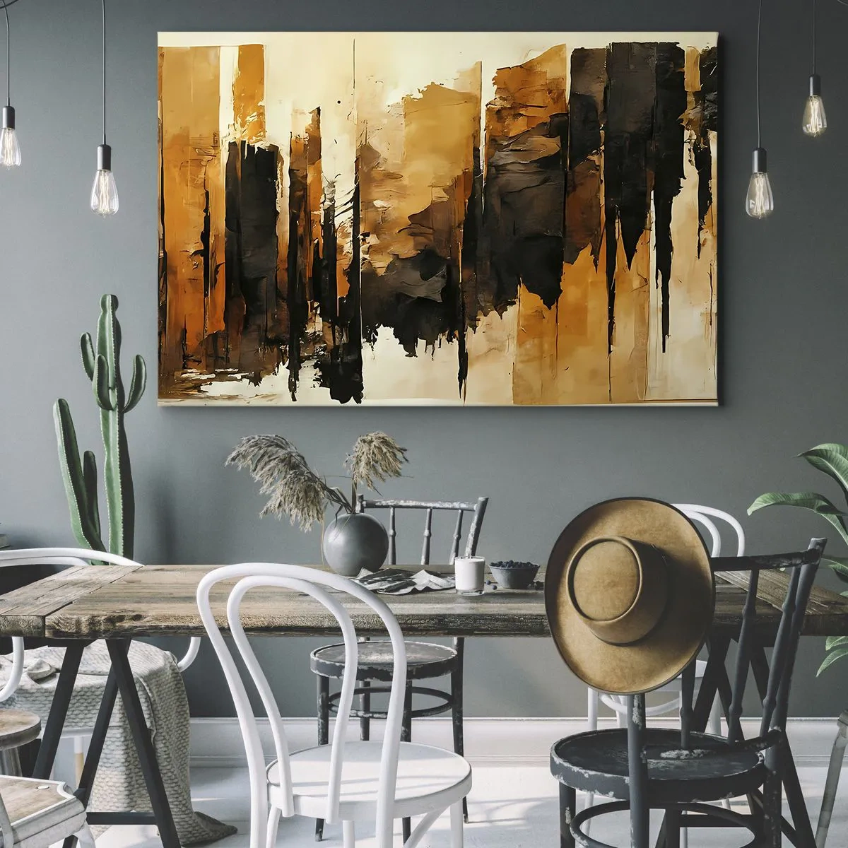 Obraz na plátne - Abstraktné zlaté a čierne pruhy v umeleckej kompozícii - 70x50cm - Harmónia čiernej a zlatej - Moderná nástenná dekorácia do obývacej izby a spálne ARTTOR