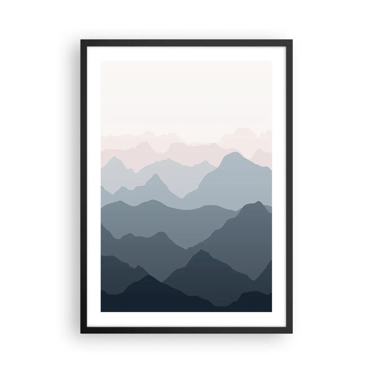 Plagát v čiernom ráme - Vrstvené pohoria v odtieňoch modrej a sivej - 50x70cm - Vlny hôr - Moderná nástenná dekorácia do obývacej izby a spálne ARTTOR