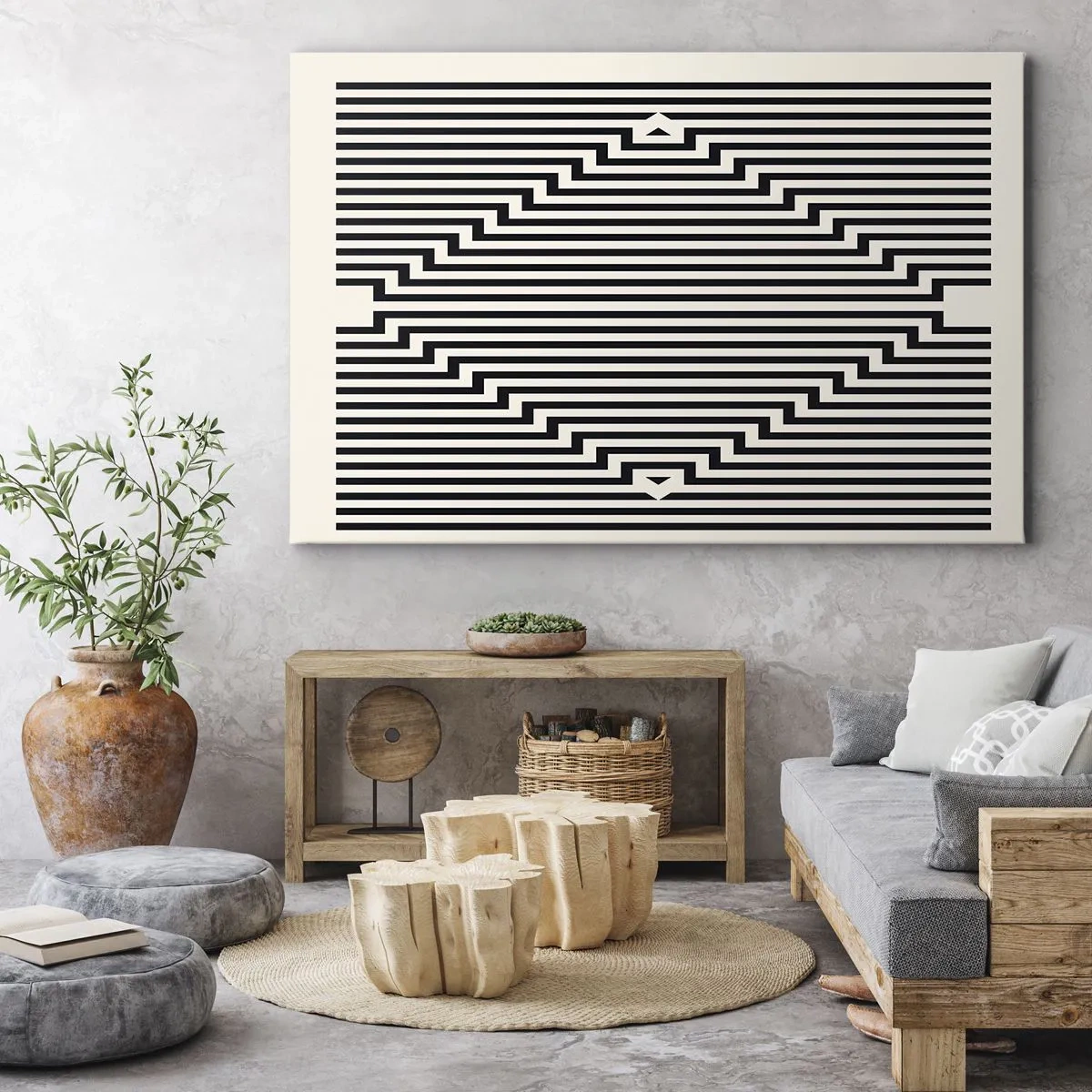 Obraz na plátne - Čiernobiele čiary vytvárajú efekt geometrickej ilúzie - 70x50cm - Geometrická ilúzia - Moderná nástenná dekorácia do obývacej izby a spálne ARTTOR