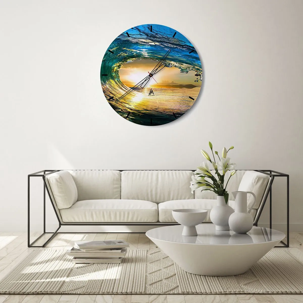 Nástenné hodiny - Morské vlny vo svetle zapadajúceho slnka - 30x30cm - V smaragdovo-zlatom krištáli - Moderná nástenná dekorácia do obývacej izby, kuchyne a spálne ARTTOR
