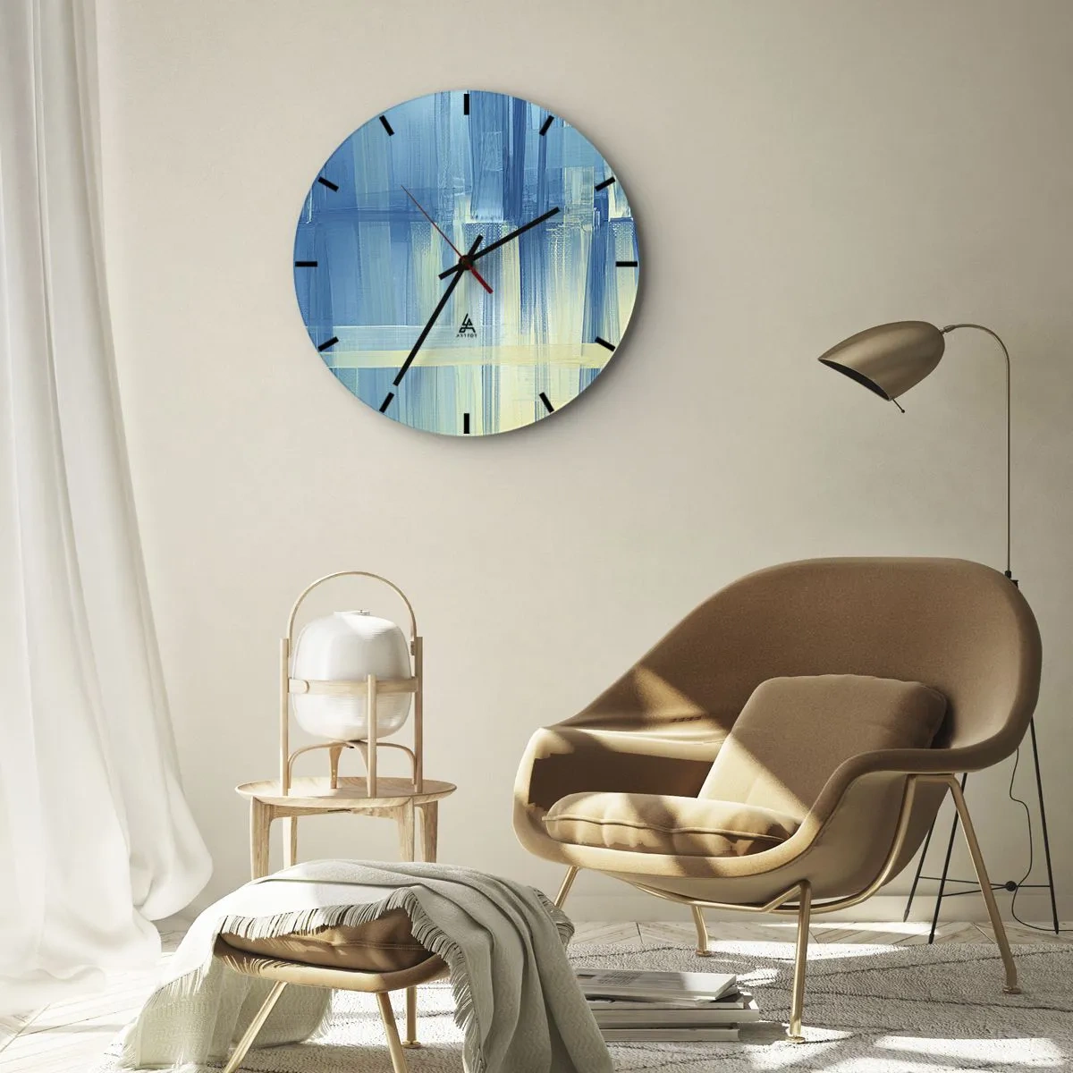 Nástenné hodiny - Modrá a béžová abstrakcia v technike ťahu štetcom - 30x30cm - Kompozícia v tyrkyse - Moderná nástenná dekorácia do obývacej izby, kuchyne a spálne ARTTOR