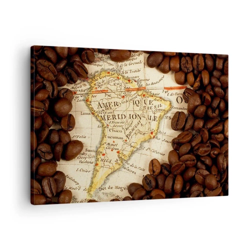 Obraz na plátne - Mapa Južnej Ameriky obklopená kávovými zrnami. - 70x50cm - Odkiaľ je najlepšia káva? - Moderná nástenná dekorácia do obývacej izby a spálne ARTTOR