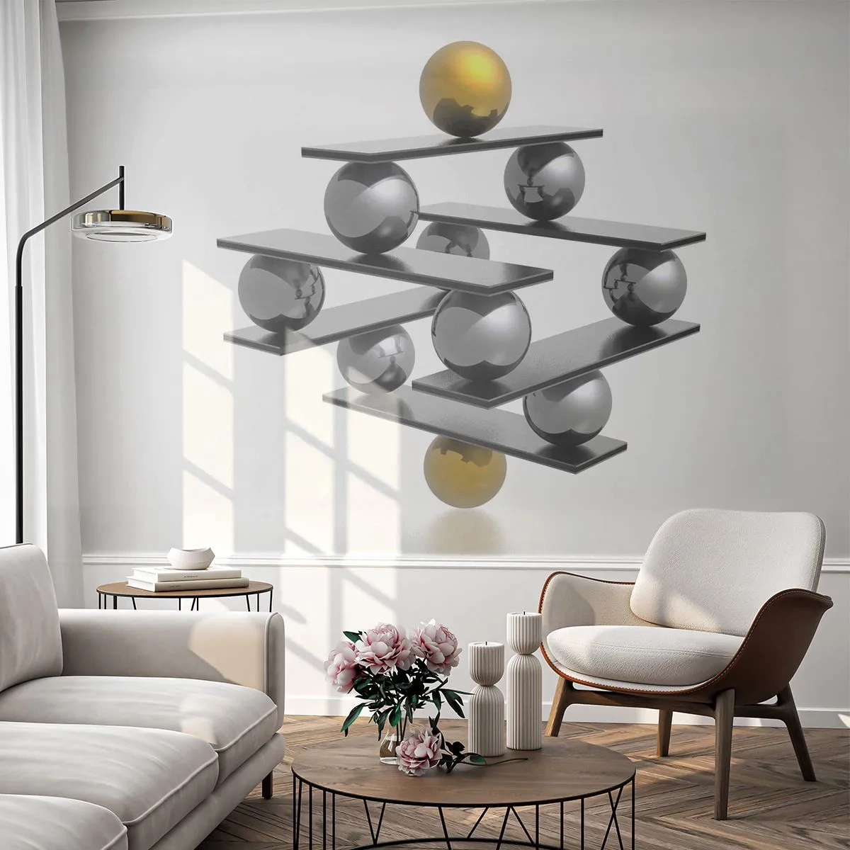 Fototapeta Premium Canvas - Zlato-strieborná rovnováha - Abstrakcia, Kovové gule, 3D - 350x256 cm