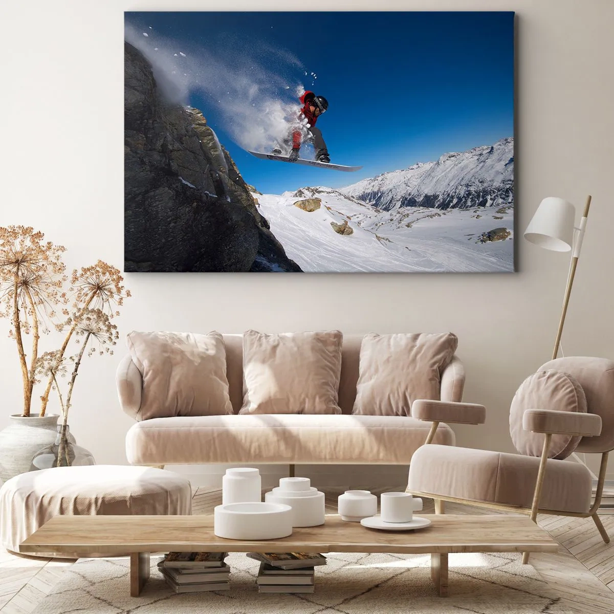 Obraz na plátne - Snowboardista skáče zo skaly na pozadí horskej krajiny - 70x50cm - A stal si sa súčasťou priestoru - Moderná nástenná dekorácia do obývacej izby a spálne ARTTOR