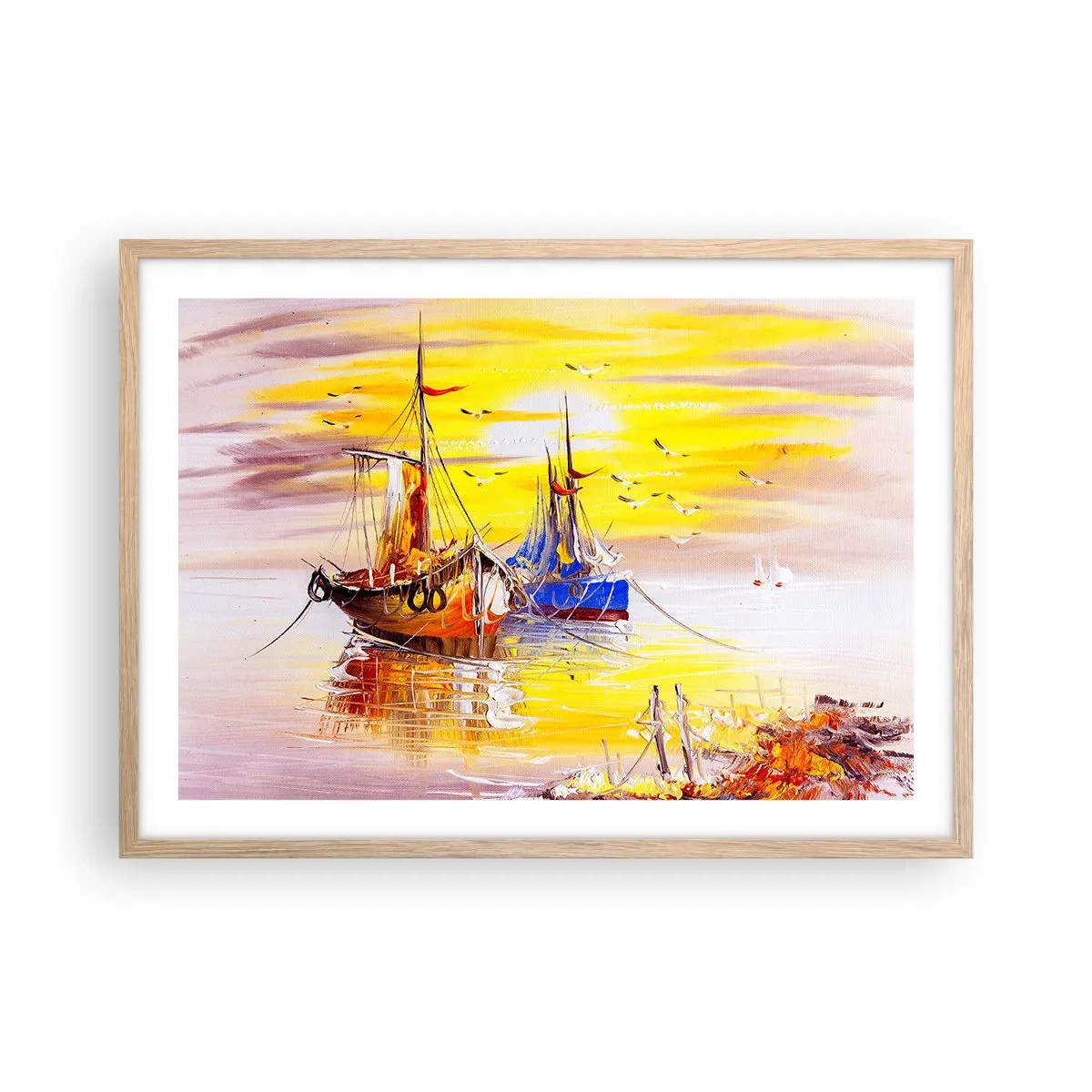 Plagát v ráme zo svetlého duba - Zaslúžený odpočinok v prístave - 70x50 cm