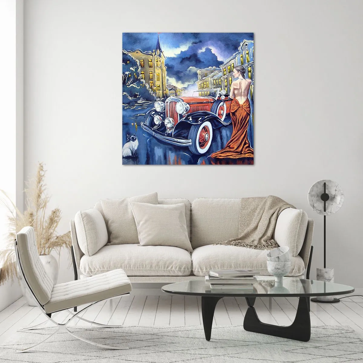 Obraz na skle - Nokturno v modrej a koralovej - 50x50 cm