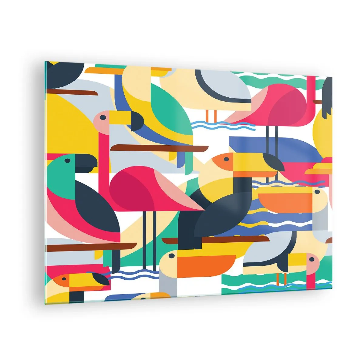 Obraz na skle - Abstraktná ilustrácia farebných vtákov v geometrickom štýle - 70x50cm - Vtáčia párty - Moderná nástenná dekorácia do obývacej izby a spálne ARTTOR