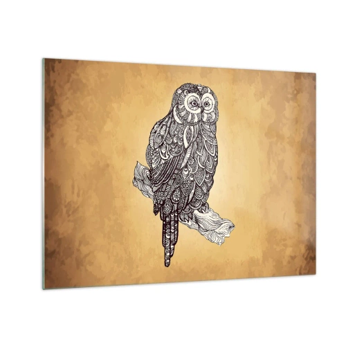 Obraz na skle - Ornamentálny štýl sov na sépiovom pozadí - 70x50cm - Majstrovské ornamenty múdrosti - Moderná nástenná dekorácia do obývacej izby a spálne ARTTOR