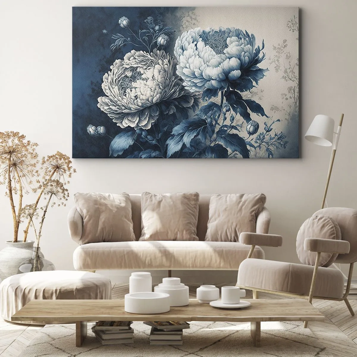 Obraz na plátne - Modré pivonky na jemnom pozadí s jemným vzorom - 70x50cm - Zhodný pár - Moderná nástenná dekorácia do obývacej izby a spálne ARTTOR