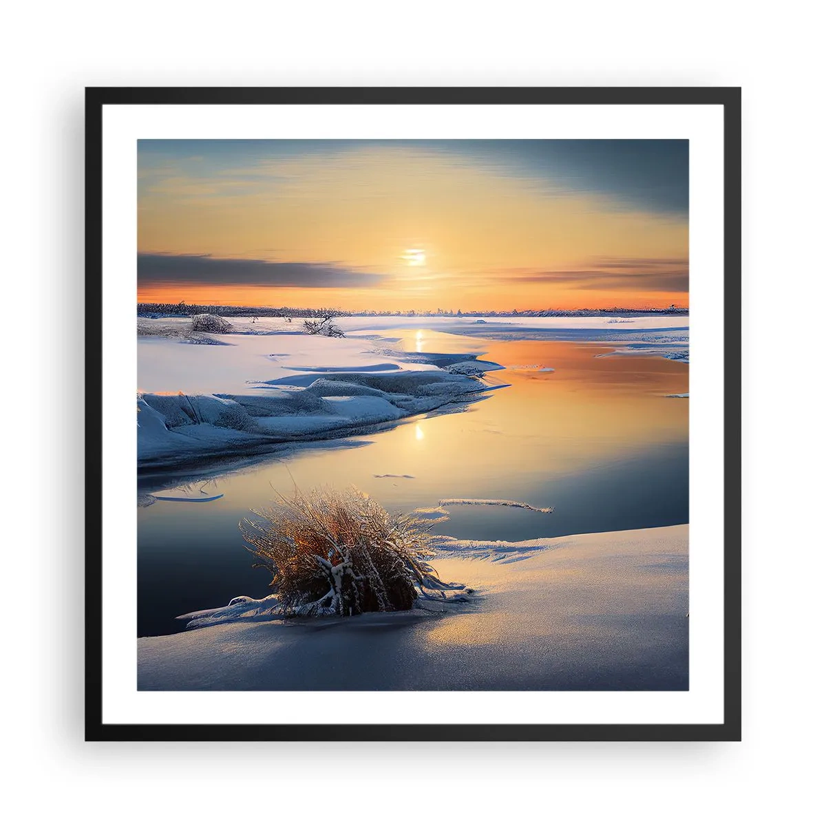 Plagát v čiernom ráme - Zimný západ slnka - 60x60 cm