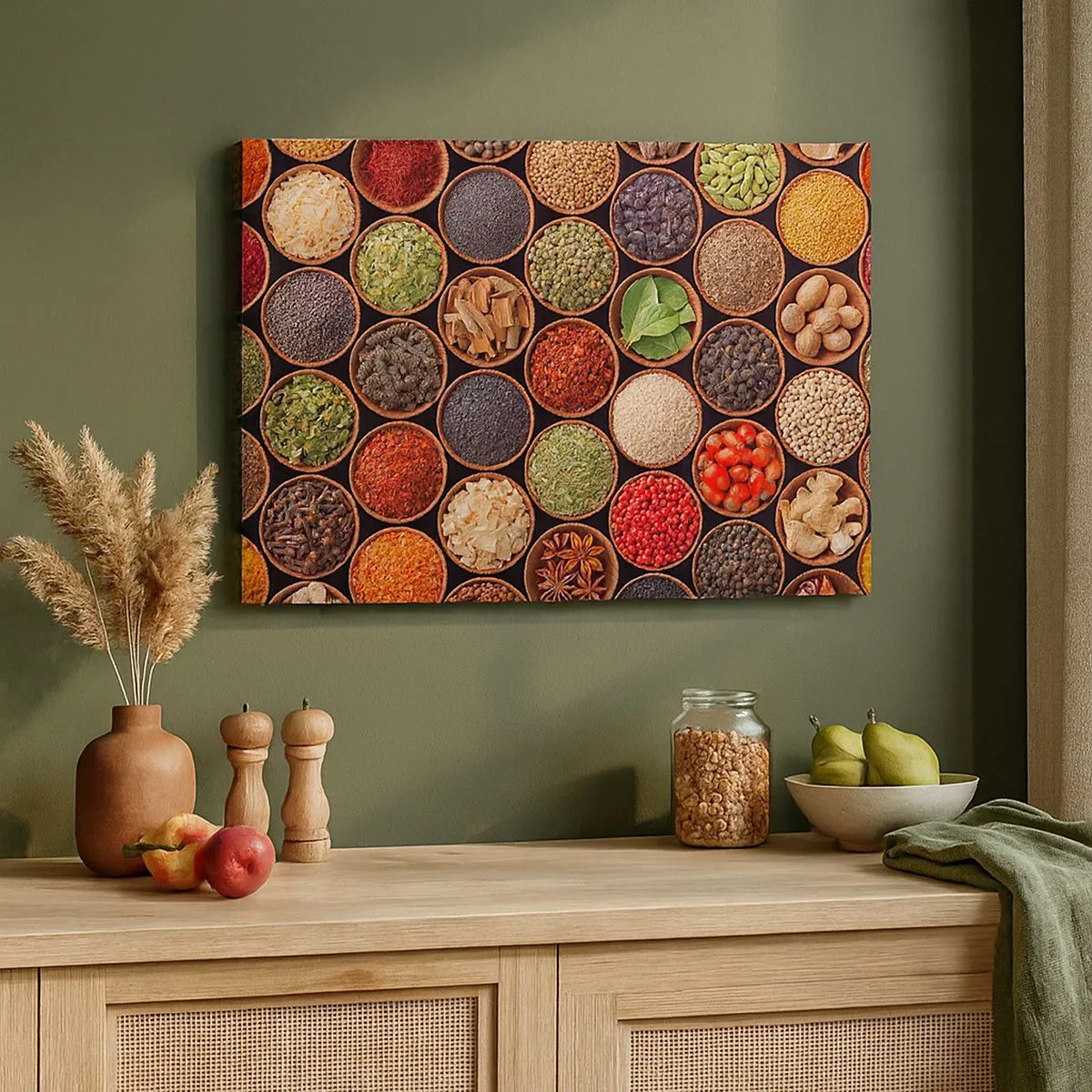 Obraz na plátne - Farebné korenie v okrúhlych nádobách - 70x50cm - Všetky chute sveta - Moderná nástenná dekorácia do obývacej izby a spálne ARTTOR
