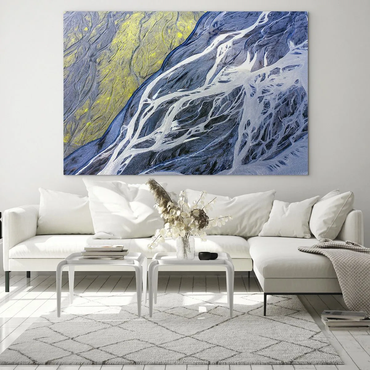 Obraz na skle - Pohľad z vtáčej perspektívy na zemský povrch s kľukatými potokmi - 70x50cm - Jaskynné maľby prírody - Moderná nástenná dekorácia do obývacej izby a spálne ARTTOR