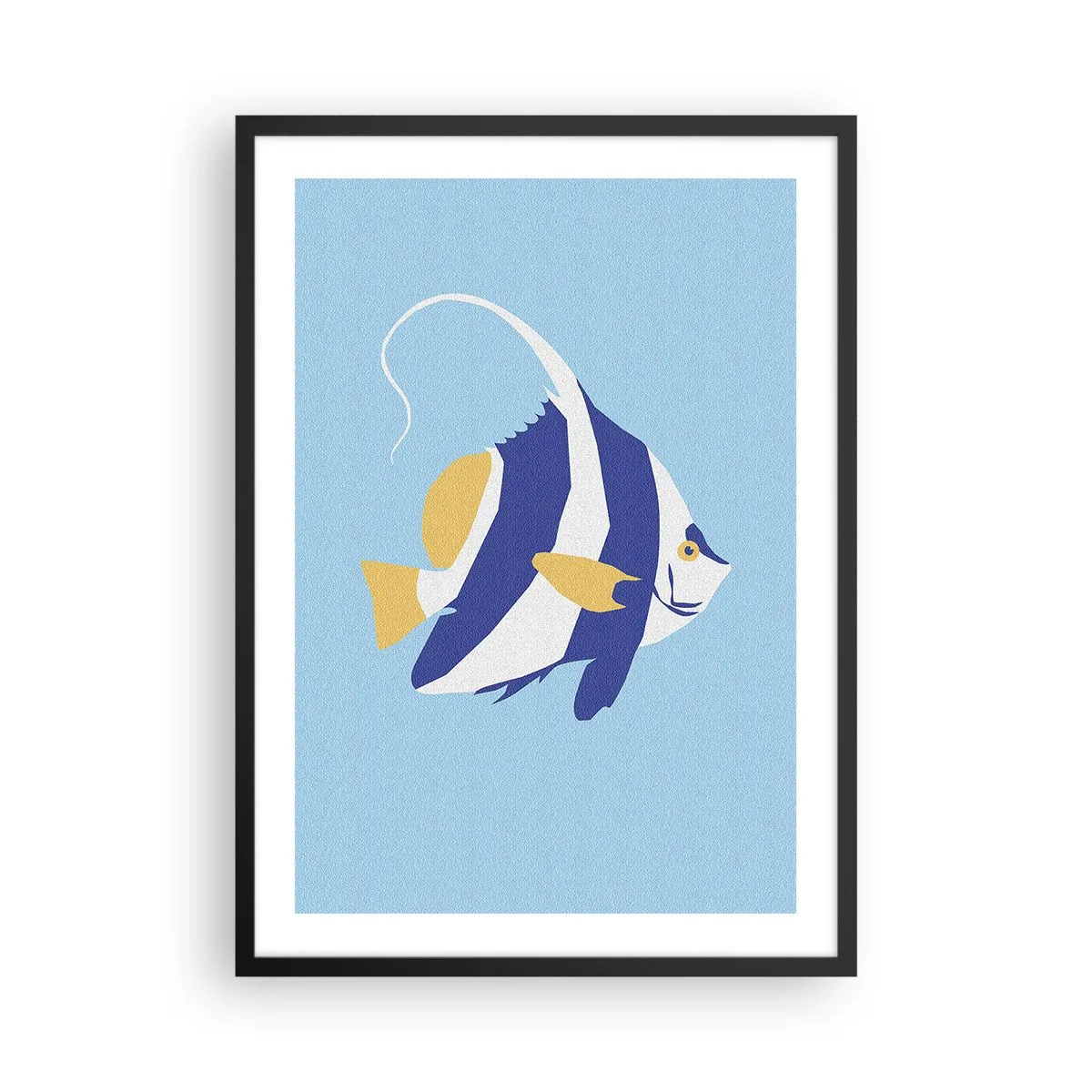 Plagát v čiernom ráme - Minimalistická grafika exotickej ryby na modrom pozadí. - 50x70cm - Miss tropických vôd - Moderná nástenná dekorácia do obývacej izby a spálne ARTTOR