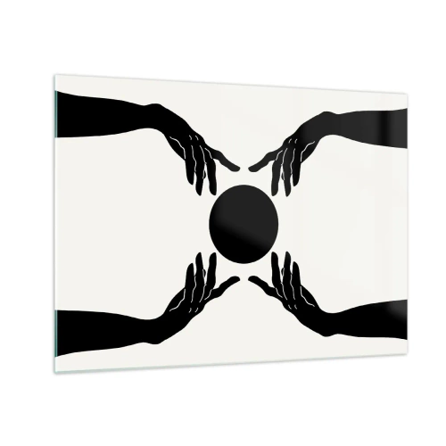Obraz na skle - Čierne ruky okolo čierneho kruhu na svetlom pozadí - 70x50cm - Tajné znamenie - Moderná nástenná dekorácia do obývacej izby a spálne ARTTOR