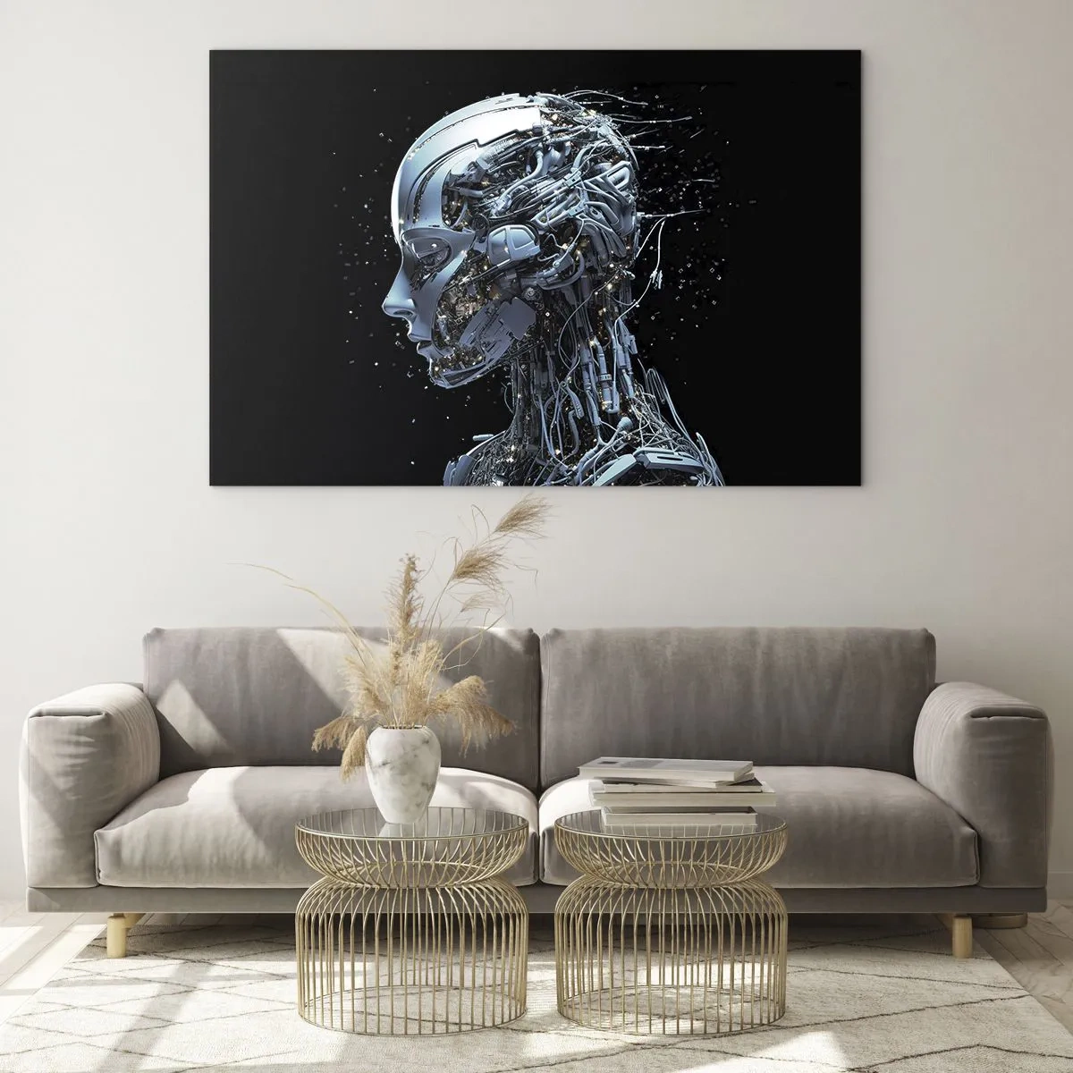 Obraz na skle - Profil robota s drôtmi a mechanizmami - 70x50cm - Technológia je žena - Moderná nástenná dekorácia do obývacej izby a spálne ARTTOR