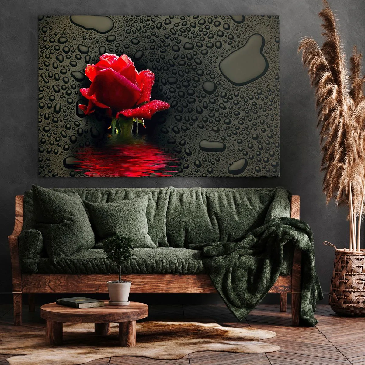 Obraz na plátne - Červená ruža s kvapkami vody na tmavom pozadí - 70x50cm - Červené a čierne - Moderná nástenná dekorácia do obývacej izby a spálne ARTTOR