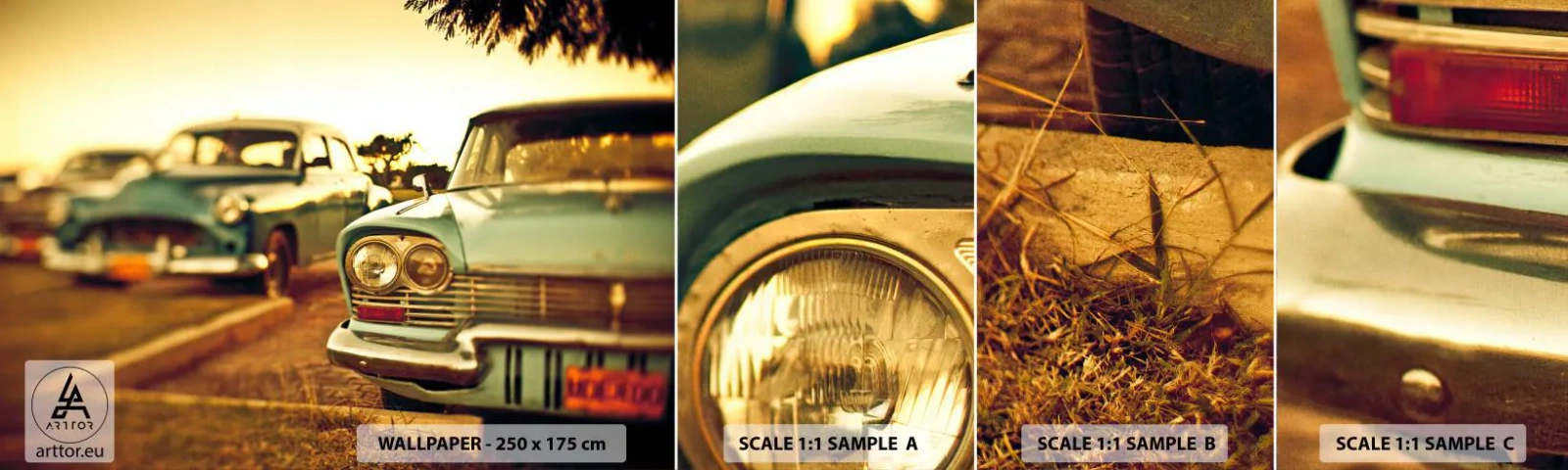 Vzorka samolepiacej fototapety Deluxe Sticker - Počkáme, uvidíme - Auto, Kuba, Automobilový priemysel - 100x30 cm