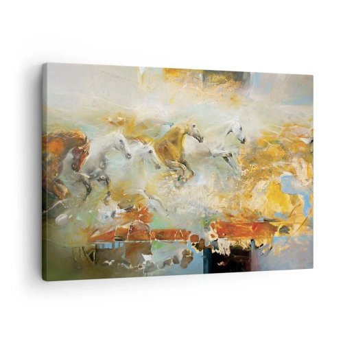 Obraz na plátne - Umelecké kone v dynamickom, farebnom prostredí - 70x50cm - Cvála svetlom - Moderná nástenná dekorácia do obývacej izby a spálne ARTTOR