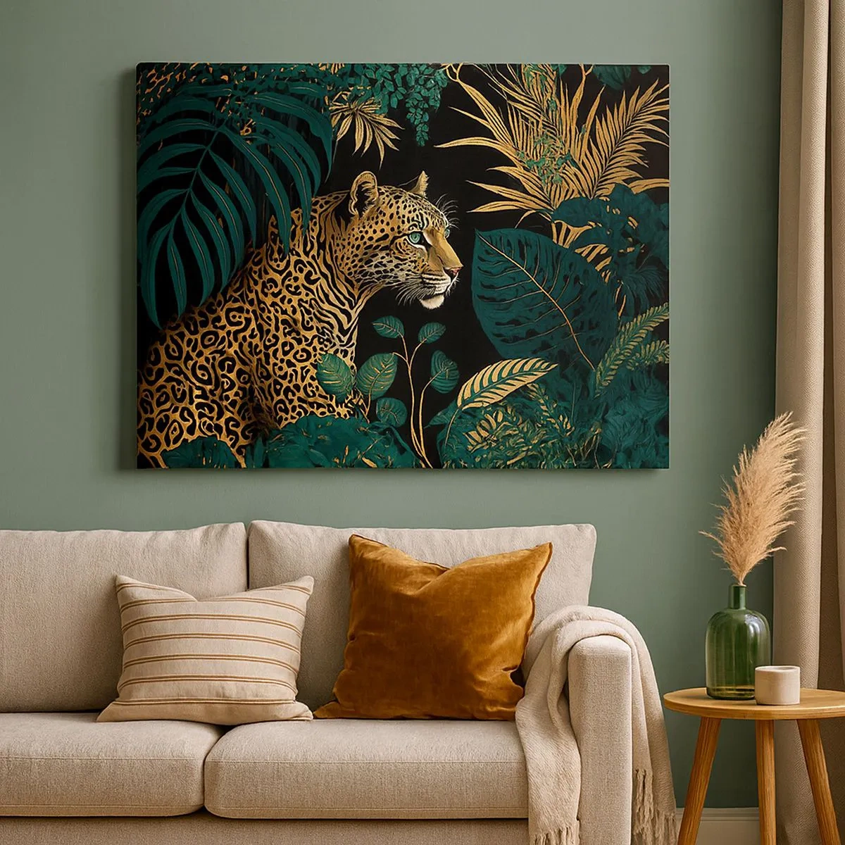 Obraz na plátne - Leopard v tropických listoch na čiernom pozadí - 70x50cm - Hospodár v džungli - Moderná nástenná dekorácia do obývacej izby a spálne ARTTOR