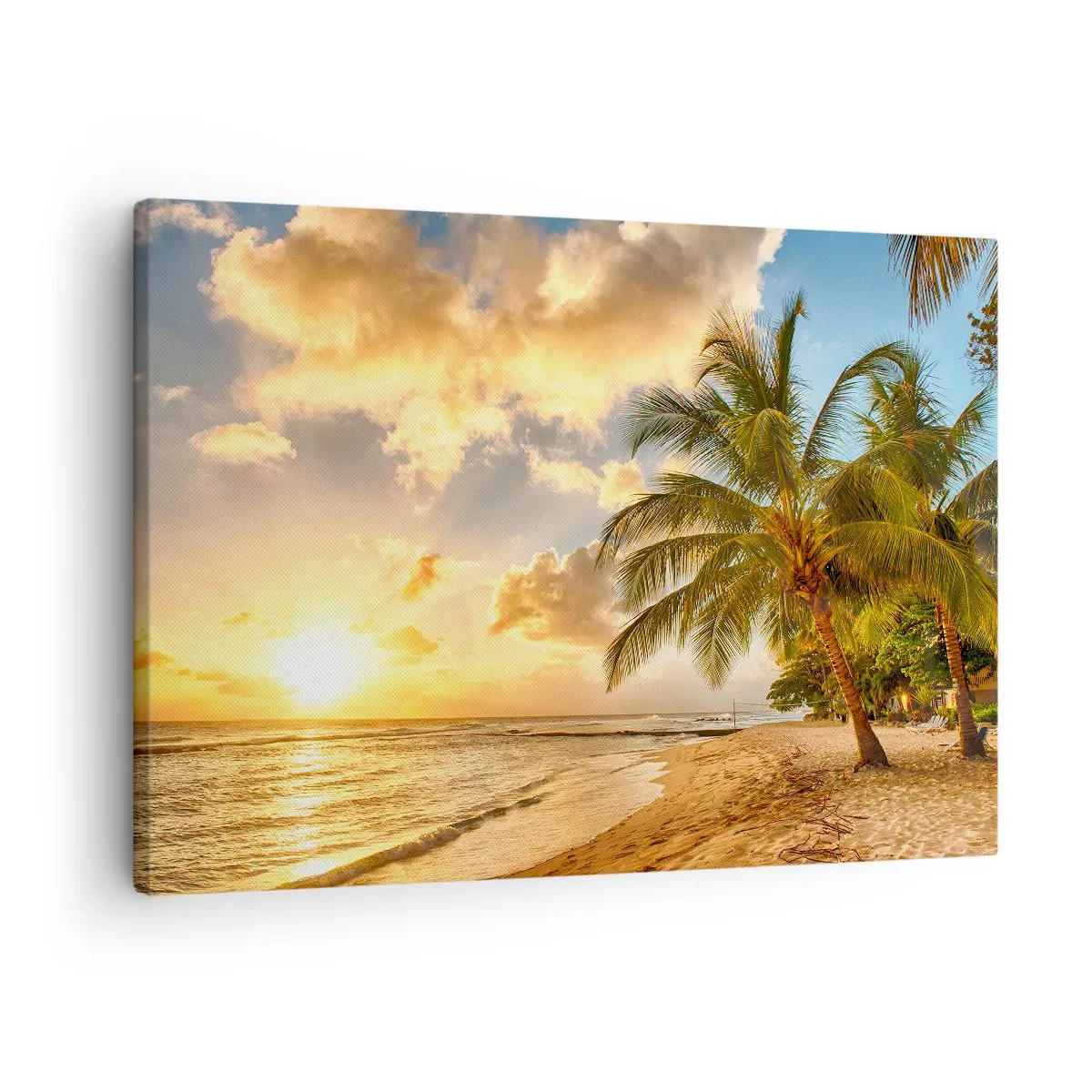 Obraz na plátne - Pláž s palmami a západ slnka nad oceánom - 70x50cm - Večné leto, vždy prázdniny - Moderná nástenná dekorácia do obývacej izby a spálne ARTTOR