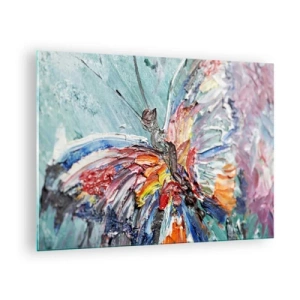 Obraz na skle - Farebný motýľ v abstraktnom štýle na modrom pozadí - 70x50cm - Namaľovaný prírodou - Moderná nástenná dekorácia do obývacej izby a spálne ARTTOR