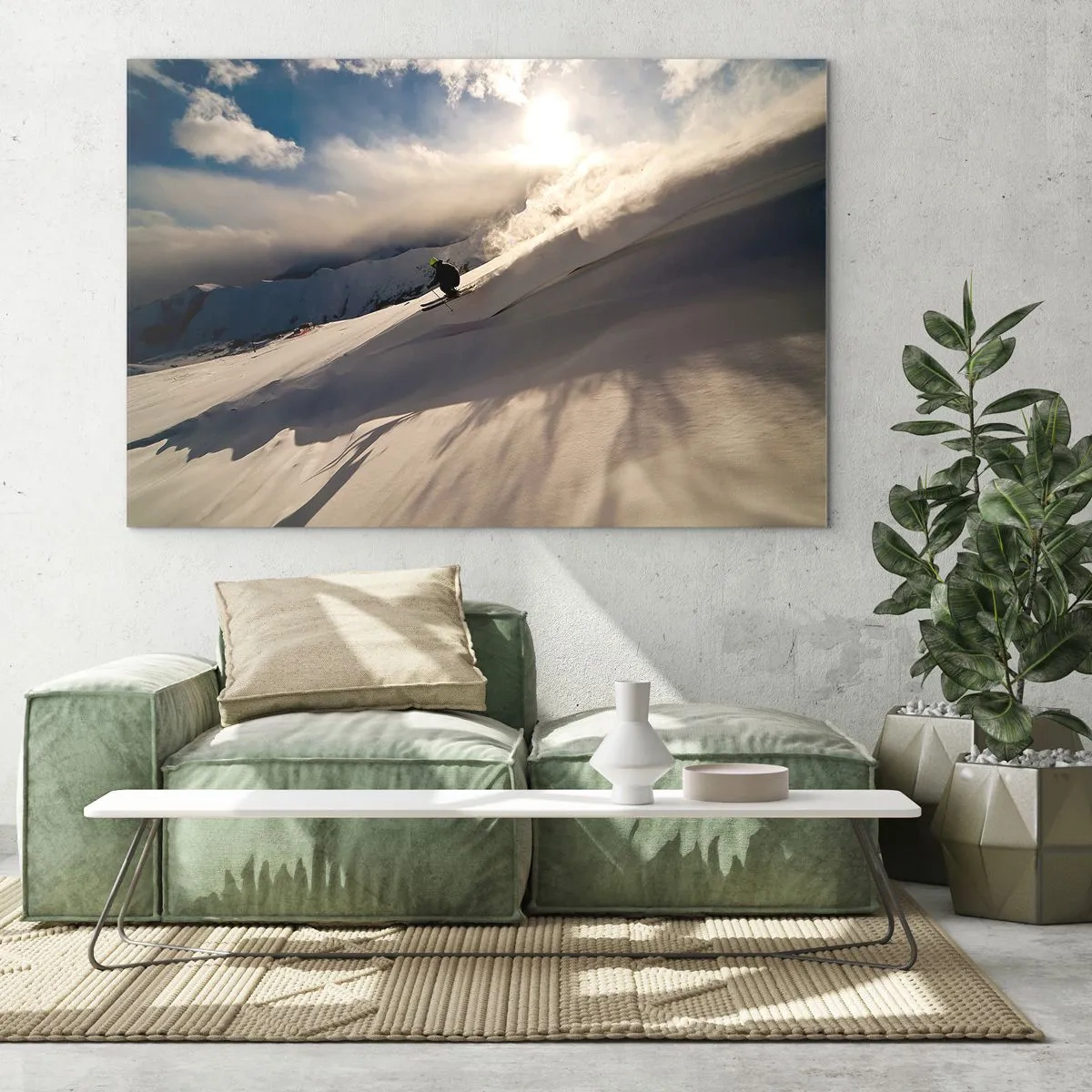 Obraz na skle - Lyžiar kĺže dolu svahom vo svetle zimného slnka - 70x50cm - Prijatá výzva hôr - Moderná nástenná dekorácia do obývacej izby a spálne ARTTOR