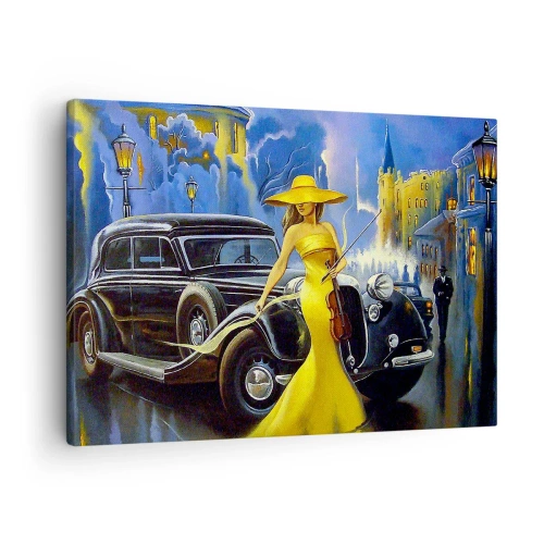 Obraz na plátne - Žena v žltých šatách s husľami vedľa retro auta. - 70x50cm - Nokturno pre husle a lásku - Moderná nástenná dekorácia do obývacej izby a spálne ARTTOR