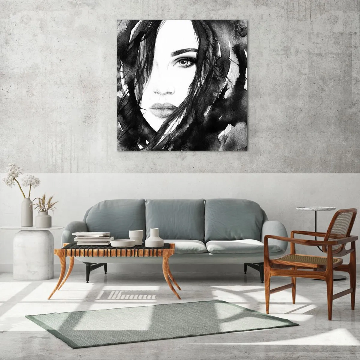 Obraz na skle - Portrét dámy v čiernej a bielej - 50x50 cm