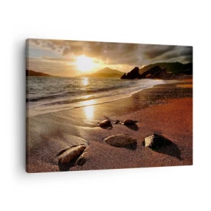 Obraz na plátne - Pláž pri západe slnka s kameňmi na brehu - 70x50cm - Choď za slnkom k výšinám - Moderná nástenná dekorácia do obývacej izby a spálne ARTTOR