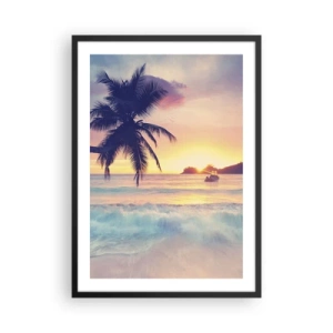 Plagát v čiernom ráme - Palma na pláži pri západe slnka - 50x70cm - Večer v zátoke - Moderná nástenná dekorácia do obývacej izby a spálne ARTTOR