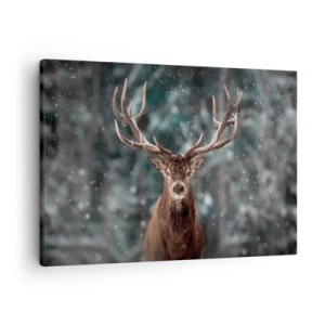 Obraz na plátne - Jeleň v zimnom lese s padajúcim snehom - 70x50cm - Skutočný kráľ lesa - Moderná nástenná dekorácia do obývacej izby a spálne ARTTOR