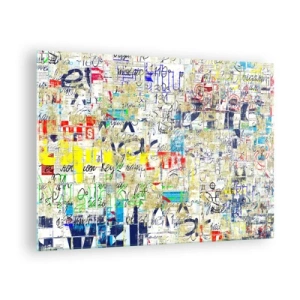 Obraz na skle - Abstraktná kompozícia so zmesou farieb a nápisov. - 70x50cm - Proste poteší oči - Moderná nástenná dekorácia do obývacej izby a spálne ARTTOR