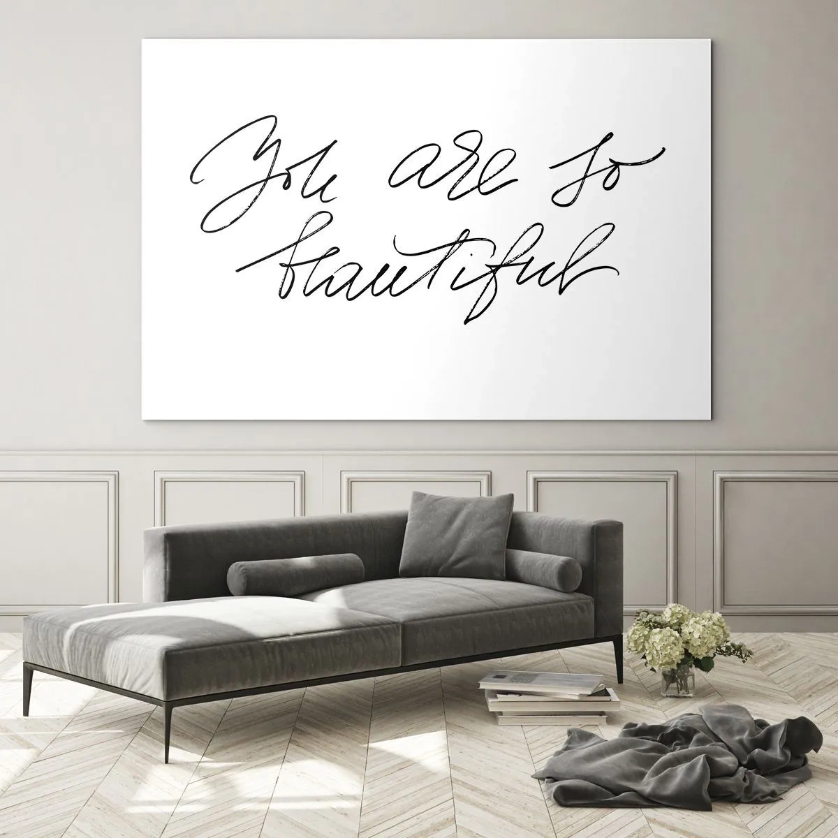 Obraz na skle - Citát „Si taká krásna“ v elegantnom kaligrafickom štýle - 70x50cm - Naozaj, verte… - Moderná nástenná dekorácia do obývacej izby a spálne ARTTOR